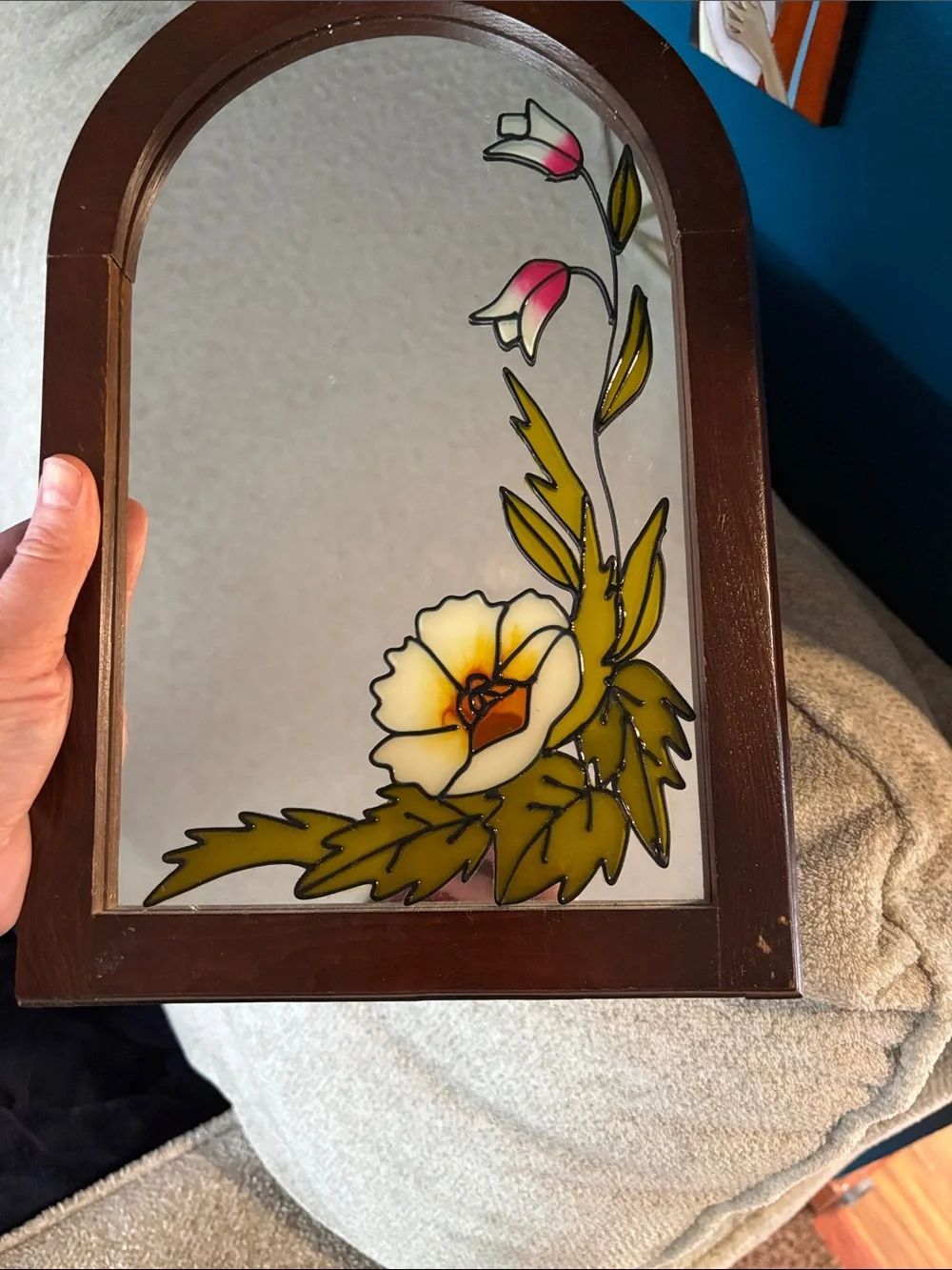 Vintage Hand-Painted Floral Stained Glass Wall Mirror - White & Pink Flower